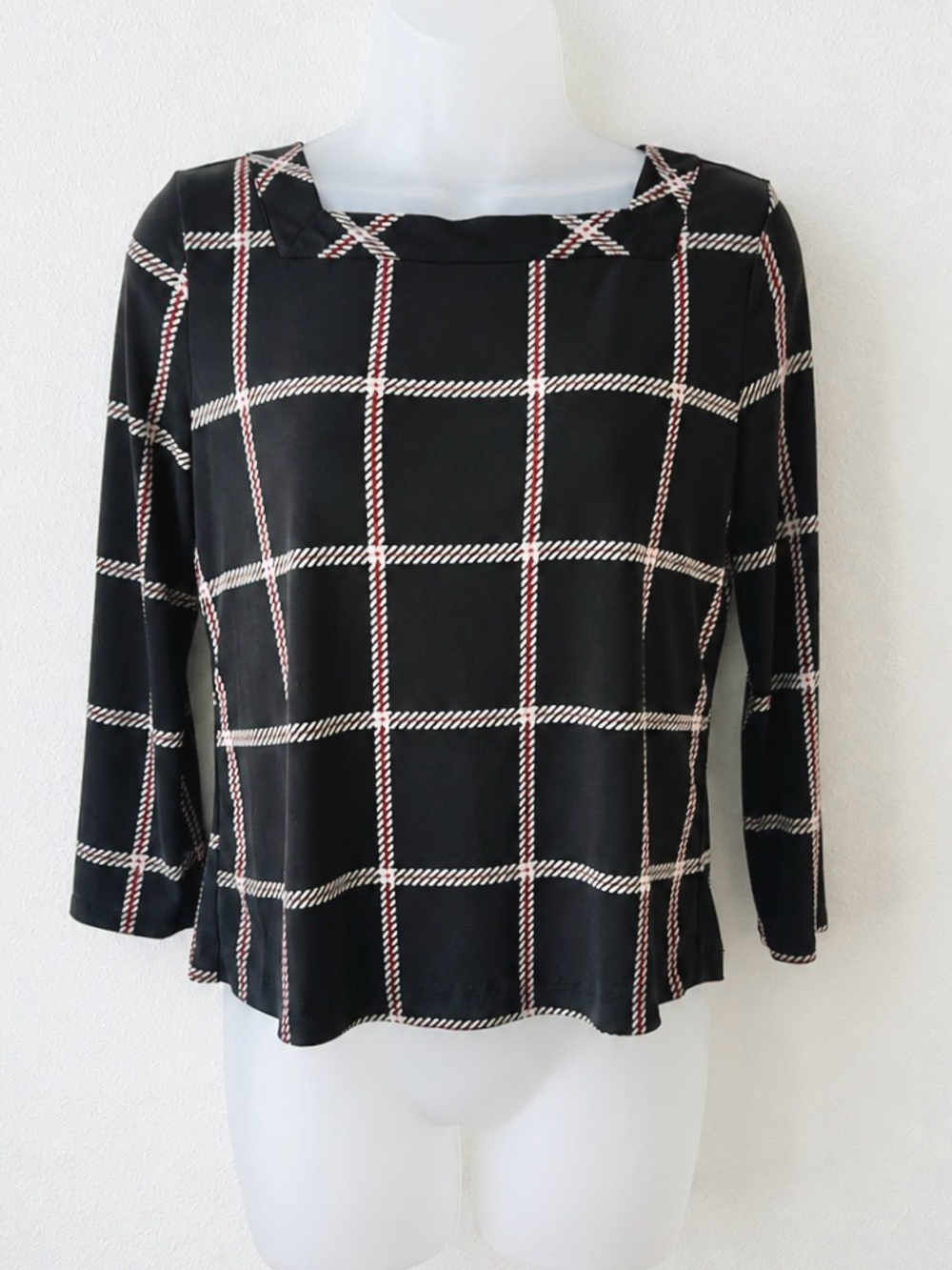 Liz Claiborne Top XS Black Plaid Stretch Jersey 3/4 Sleeve